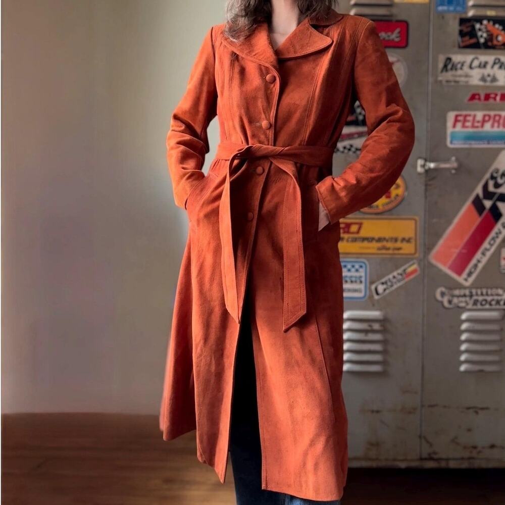 Vintage 70s Suede Trench Coat | Rust Burnt Sienna Belted | Princess Seam | M